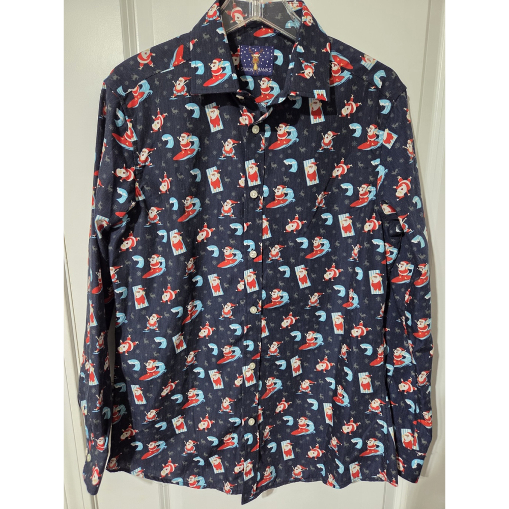 SIMON BANKS SURFING SANTA BUTTON FRONT CHRISTMAS SHIRT Men's Size Medium Blue
